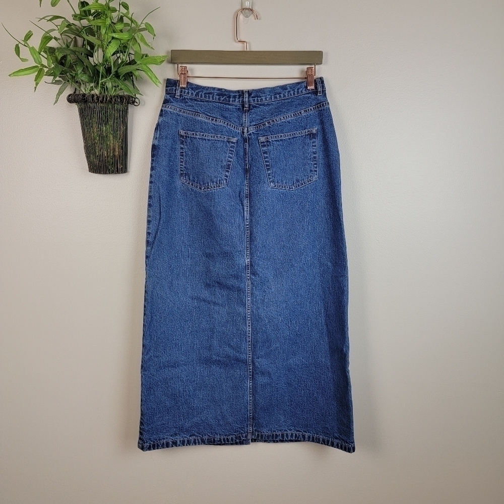 Eddie Bauer Vintage Flannel Lined Jean Skirt Long Denim Button Down Plaid Y2K - Picture 9 of 14
